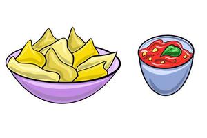 Mexican cuisine vector illustration. Nachos and salsa. Illustration in flat cartoon style.