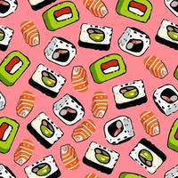 Vector seamless sushi pattern on a salmon background.