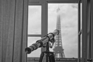 paris tour eiffel view from room in black and white photo