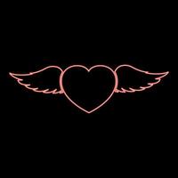Neon heart with angel wings flying feather red color vector illustration image flat style