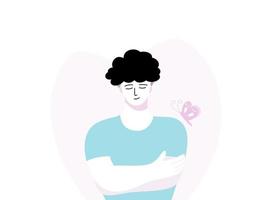 Isolated of a man hugging self, self-hugging concept in flat vector illustration.