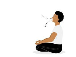 aislado de un hombre meditando y haciendo ejercicio respiratorio. ilustración vectorial en estilo plano. vector