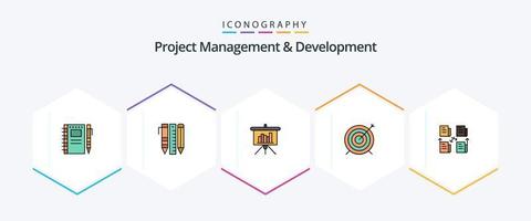 Project Management And Development 25 FilledLine icon pack including focus. dart. items. target. powerpoint vector