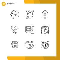 9 Universal Outlines Set for Web and Mobile Applications creative heart buildings celebration store Editable Vector Design Elements