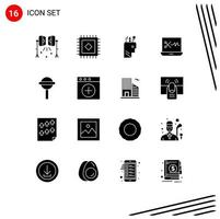 Pack of 16 Modern Solid Glyphs Signs and Symbols for Web Print Media such as app chupa pen candy audio editing software Editable Vector Design Elements