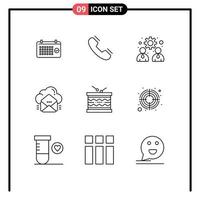 Mobile Interface Outline Set of 9 Pictograms of data mail telephone cloud team Editable Vector Design Elements
