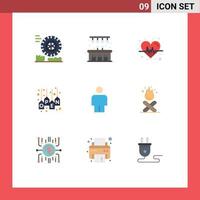 9 User Interface Flat Color Pack of modern Signs and Symbols of campfire human beat body tag Editable Vector Design Elements