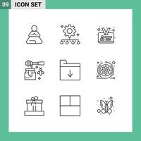 Editable Vector Line Pack of 9 Simple Outlines of folder sweet work plan pot bee Editable Vector Design Elements