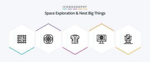 exploración espacial y próximos grandes paquetes de iconos de 25 líneas, incluido el mundo. computadora. global. tela. digital vector