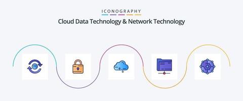 la tecnología de datos en la nube y la línea de tecnología de red llenaron el paquete de iconos planos 5 que incluye el recurso compartido de computación. almacenamiento. nube. servidor. carpeta vector