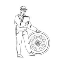 Mechanic Man Repair Flat Tire Car Wheel Vector