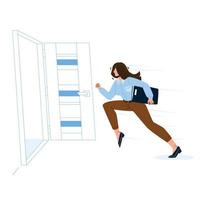 mujer saliendo de la habitación, corriendo para abrir la puerta vector