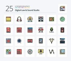 Digital Law And Sound Studio 25 Line Filled icon pack including music. deck. handfree. console. hand vector