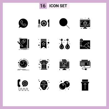 16 Universal Solid Glyph Signs Symbols of sketching security search screen bug Editable Vector Design Elements
