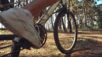 dichtbij omhoog van sport- meisje het rijden een fiets in de hout video