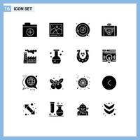 Pack of 16 Modern Solid Glyphs Signs and Symbols for Web Print Media such as factory hiking planetary system health bag Editable Vector Design Elements