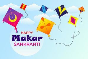 Happy makar sankranti background with clouds and flying kites vector