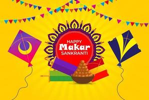 Happy makar sankranti yellow background with kites, laddoo and spool of string vector