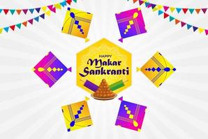 Happy makar sankranti greeting card holiday background with kites, laddoo spool of string vector