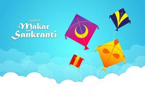 fondo feliz makar sankranti con nubes y cometas voladoras vector