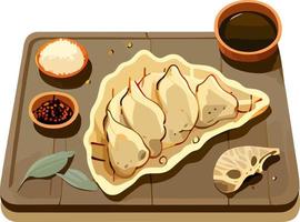 set of fried dumpligs with souce. asian food. vector illustration