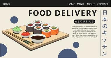 Asian food, Japanese food. for delivery sites, sushi rolls onigiri soy sauce, ramen, wok, noodles vector