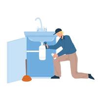 Plumber In Working Overall Fixing Sink Vector