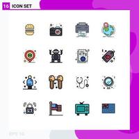 User Interface Pack of 16 Basic Flat Color Filled Lines of day pin printer worldwide location Editable Creative Vector Design Elements