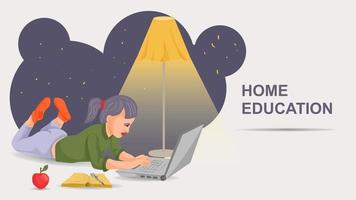 A teenage girl is working with a laptop lying under a floor lamp flat color illustration in the style of a doodle vector