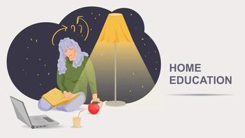 A girl with a book on her lap takes an apple in her hand a flat color illustration in the style of a doodle vector