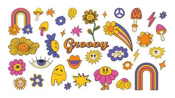 Set of hipster retro 70s 60s groovy psychedelic elements. Cartoon daisy flowers, rainbow, mushrooms, peace sign, heart, hippie sticker vector set. Positive symbols or badges isolated on white