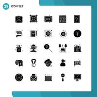 Pack of 25 Modern Solid Glyphs Signs and Symbols for Web Print Media such as door globe fish document cook Editable Vector Design Elements