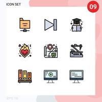 Mobile Interface Filledline Flat Color Set of 9 Pictograms of surveillance location bookmark romance love Editable Vector Design Elements