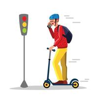 Careless Man Driving Kick Scooter On Street Vector Illustration