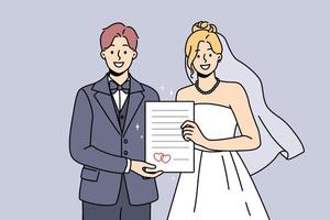 novia y novio sonrientes con certificado de matrimonio emocionados por formar una familia. pareja feliz en vestido de novia y traje el día de la boda. ilustración vectorial vector