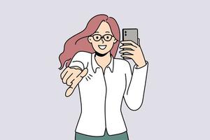 Smiling young woman hold cellphone point at screen. Happy girl with smartphone in hands show with finger at camera make choice. Vector illustration.