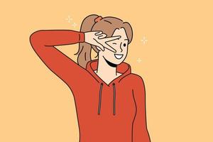 Smiling girl teenager show hand gesture feeling optimistic and joyful. Happy woman in hoodie have fun make facial expression. Vector illustration.