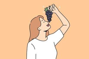 mujer joven feliz sosteniendo rama de uva. niña sonriente disfruta de frutas frescas y sabrosas. cultivo y cosecha. ilustración vectorial vector