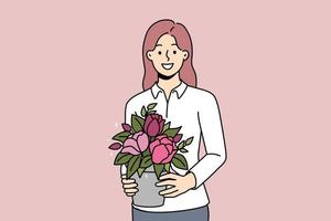 Smiling young woman with plant in hands. Happy female gardener or florist hold blooming houseplant. Flora and hobby concept. Vector illustration.