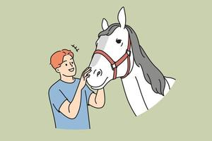 Smiling young man caress white horse at farm. Happy male farmer enjoy time with mare. Domestic animals and farming. Vector illustration.