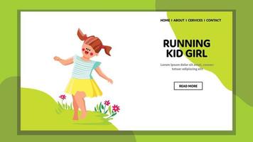 Kid Girl Running On Flower Field Outdoor Vector