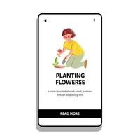 mujer jardinero plantando flores en vector de jardín