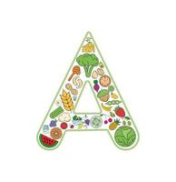 conjunto de iconos de collage de comida y bebida de la letra a. conjunto vectorial de alérgenos esenciales e iconos de línea de dieta. conjunto de iconos de alimentos editables. vector