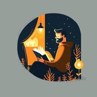 el hombre disfruta leyendo un libro hygge concepto vector color plano