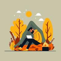 happy man working on laptop in hygge style, freelance remote work vector