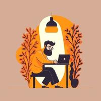 hombre feliz trabajando en una laptop en estilo hygge, vector de trabajo remoto independiente