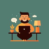 happy man working on laptop in hygge style, freelance remote work vector