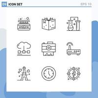 Universal Icon Symbols Group of 9 Modern Outlines of camera media chemistry engine cloud Editable Vector Design Elements