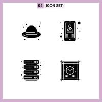 4 Thematic Vector Solid Glyphs and Editable Symbols of beach hosting straw hat user cube Editable Vector Design Elements