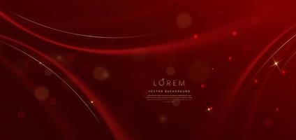 Abstract red elegant background with gold curved lines and ligthing effect and bokeh. Luxury design style. vector